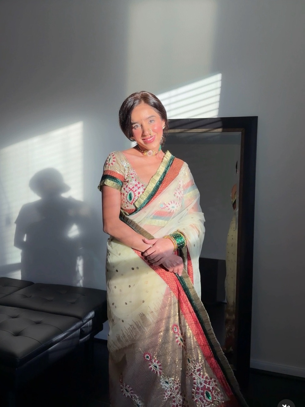 Elegant Embroidered Saree in Ivory with Green & Coral Trim With Matching Blouse
